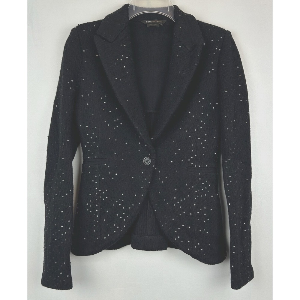 BCBG MaxAzaria Blazer Womens XS Whitley Black Sequin Wool Knit Event Cocktail
